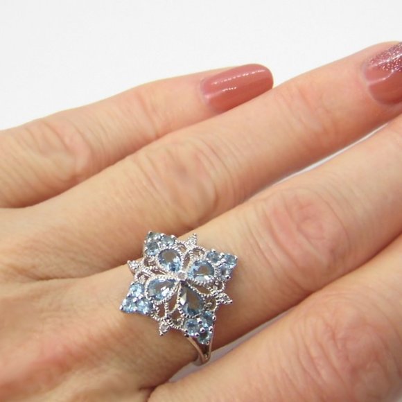 1.20ct Blue TOPAZ & Diamond 10K Gold Flower Ring - Picture 6 of 9